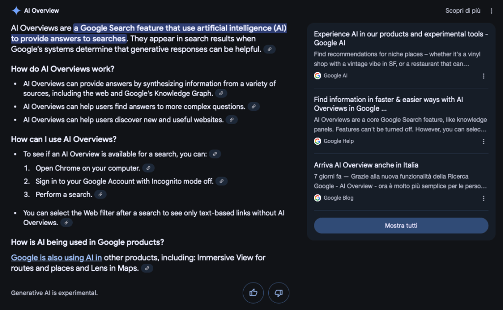 E' arrivato in Italia: Google AI Overview è arrivato in Italia e sta rivoluzionando i risultati nella ricerca SERP 2 Screenshot 2025 04 02 alle 16.05.18